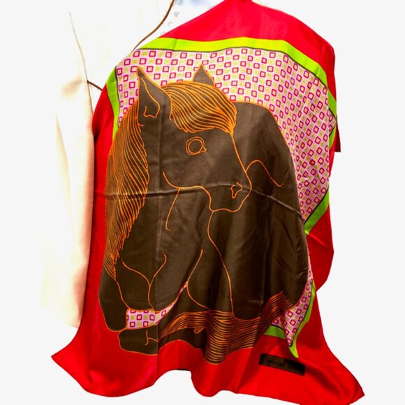 Vgt Christian Dior 100% Silk Satin Scarf  31" Red Green Brown Horse Printed (31 - Picture 1 of 15